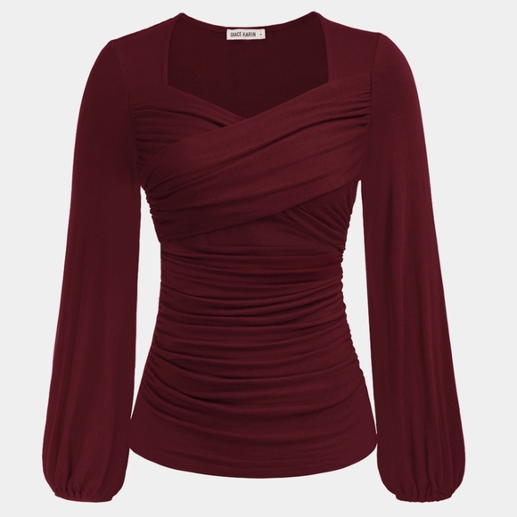 NWT Grace Karin Ruched Comfy Casual Long Sleeve Square V-Neck Top. Wine. Small - Picture 3 of 7